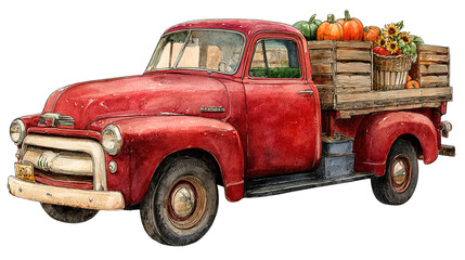 Vintage red truck filled with autumn pumpkins and sunflowers isolated on transparent background 