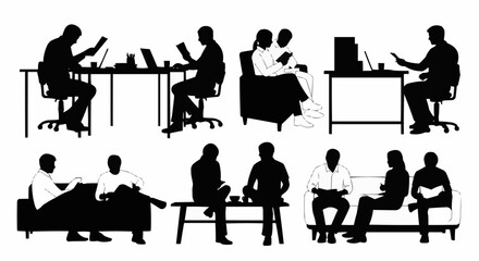Silhouettes of people engaged in various activities, working and socializing.
