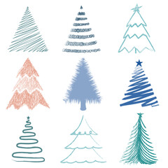 Christmas tree doodle big winter set. Christmas tree hand drawn icon. Vector illustration

