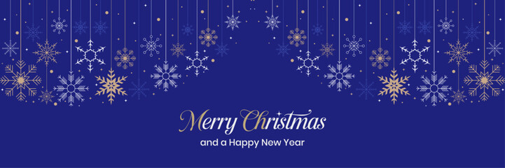 A post card design in Premuim Christmas snow flakes, gold snow flakes on blue background. Elegant snow with A Merry Christmas and Happy New Year text for greeting card vector