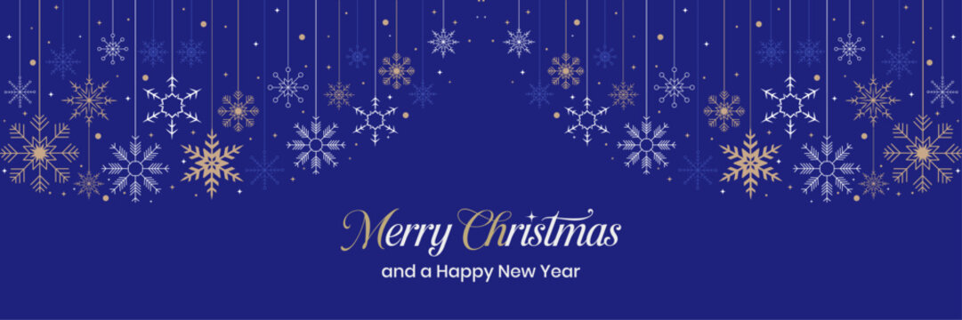 A post card design in Premuim Christmas snow flakes, gold snow flakes on blue background. Elegant snow with A Merry Christmas and Happy New Year text for greeting card vector