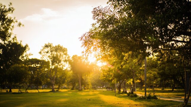 blurred. Tranquil park at sunset with warm golden hues, creating a peaceful natural landscape. inspiring travel planning, travel magazines, designed for travel destination branding.