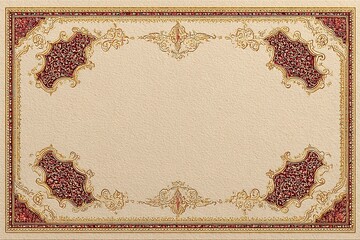Ornate antique frame showcases beige canvas with burgundy embellishments and shimmering golden floral accents intricately bordering edges