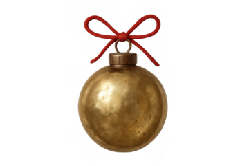 Golden textured christmas bauble decorating festive holiday celebrations, a red string bow adding traditional touch