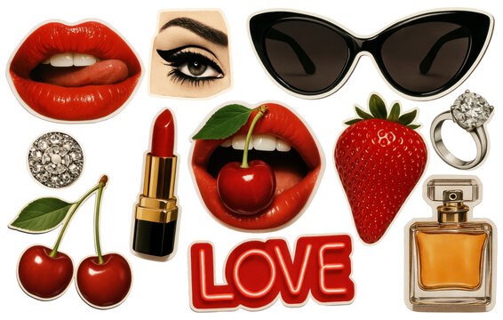 PNG 70s retro fashion collage with red lips sunglasses cherry strawberry lipstick and perfume on transparent background.  PNG sticker clip art cut out isolated on transparent background.