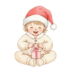Adorable Baby In Santa Hat Holding A Pink Gift On Transparent Background