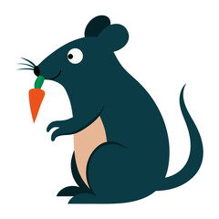 Cute cartoon mouse holding a fresh carrot in its mouth isolated on white background