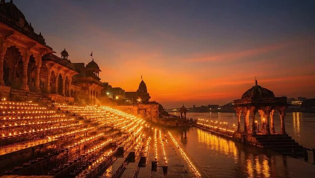 varanasi ghat illuminated by many lamps at sunset