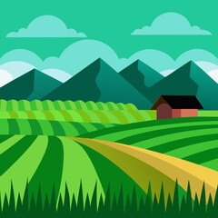 Fototapeta premium Stylized green farm landscape with mountains and barn isolated on white background