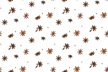 Airy light seamless pattern with spicy anise stars sparse on a white background