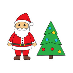 Cute cartoon santa claus and decorated christmas tree isolated on white background