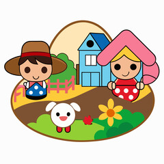 Cute cartoon farm characters with a house and a sheep isolated on white background