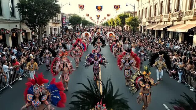 Dancers in Colorful Costumes Celebrate During a Vibrant Street Carnival Parade