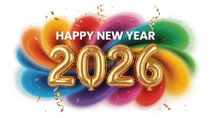 Happy New Year 2026 with colorful abstract swirls and golden confetti.