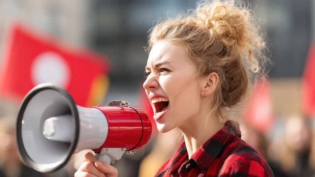 A woman passionately speaks into a megaphone at a rally, showing emotion. Red flags in background