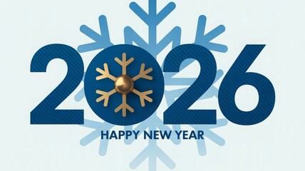 Happy New Year 2026 with a large snowflake and golden ornament in the center of the number zero.