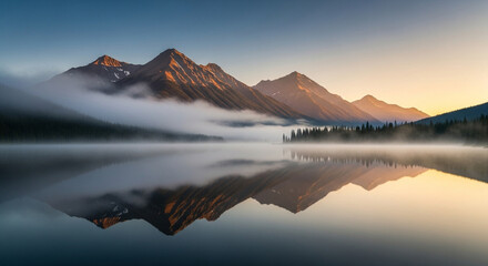 Peaceful Mountain Sunrise with Lake Reflection and Mist
