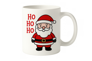 Christmas white mug with santa claus cartoon and ho ho ho text, celebrating holiday season