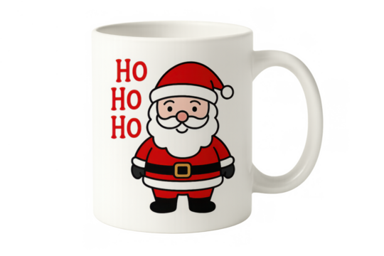 Christmas white mug with santa claus cartoon and ho ho ho text, celebrating holiday season