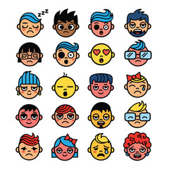 A diverse collection of colorful cartoon avatar faces with unique hairstyles accessories and a wide range of emotional expressions.