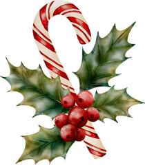 Watercolor illustration of a Christmas candy cane with holly leaves on a white background. Hand-painted festive composition, perfect for holiday cards, winter decor, and seasonal designs.