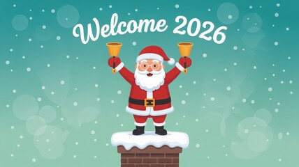 Santa Claus ringing bells on a chimney, welcoming the year 2026 with falling snow and festive bokeh lights.