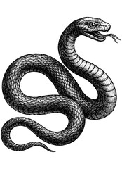 Fototapeta premium Snake Engraving, Vintage Line Art of Serpent, Detailed Black and White Etching Illustration Isolated on Transparent Background