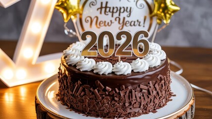 A decadent chocolate cake decorated with whipped cream swirls and chocolate shavings, celebrating the New Year 2026 with golden number toppers and festive balloons.