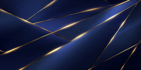 Dark blue abstract background features intersecting geometric shapes delineated by glowing golden lines.