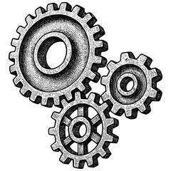 Gears Engraving, Vintage Line Art of Mechanical Cogs, Detailed Black and White Etching Illustration Isolated on Transparent Background