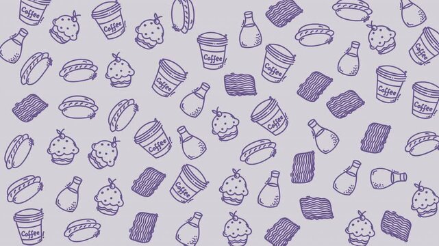 Food pattern doodle drawings featuring various tasty treats like coffee, hotdogs, cupcakes, and ketchup sketches. Perfect for kitchen decor or menu designs.