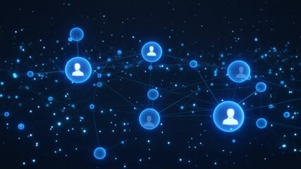Digital network of glowing blue human profile icons connected by lines, symbolizing social network and online community - Powered by Adobe