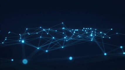 Abstract glowing blue network of connected points and lines on a dark background, representing technology and data transfer - Powered by Adobe