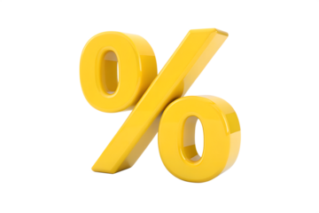 Bright yellow three dimensional percent sign symbol isolated on a stark black background