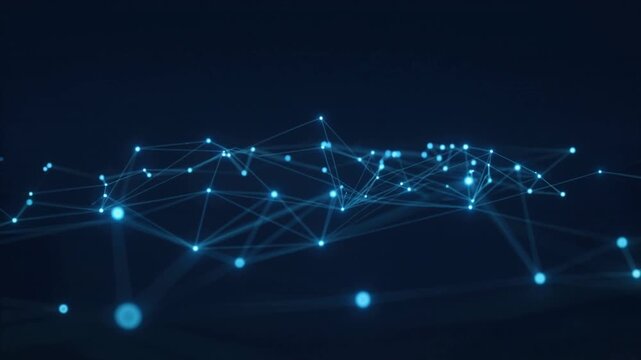 Abstract glowing blue network of connected points and lines on a dark background, representing technology and data transfer - Powered by Adobe