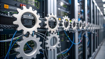Data center infrastructure and complex operational mechanics symbolized by interlocking gears in a server room
