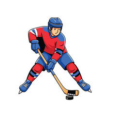 Obraz premium Cartoon ice hockey player in a red and blue uniform poised with a stick and puck.