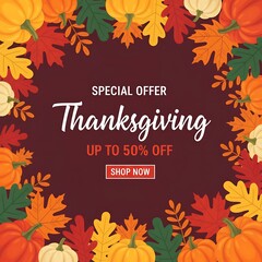 Thanksgiving special offer with pumpkins and leaves up to 50 off