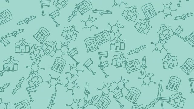 Pattern of scientific tools and symbols including syringes, beakers, and molecular structures on a teal background
