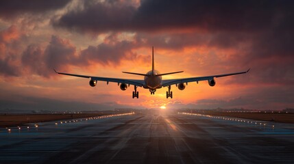 Airplane landing sunset
