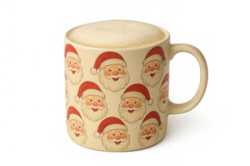 Christmas themed mug filled with frothy hot drink, featuring repeating santa claus face pattern, celebrating festive holiday season