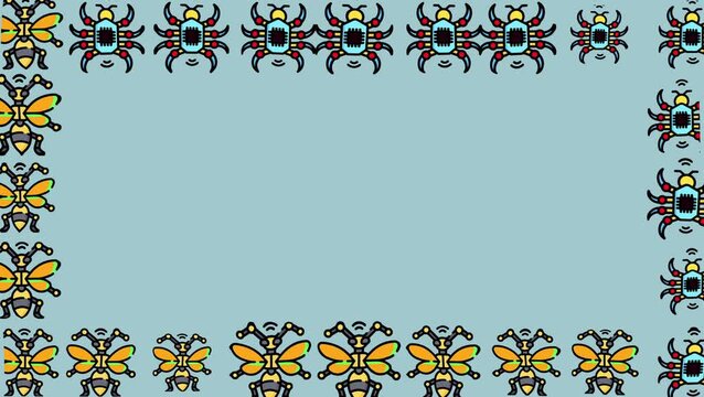 Animated border pattern featuring robotic bees and spiders on light blue background. Futuristic tech insect frame design for digital media.