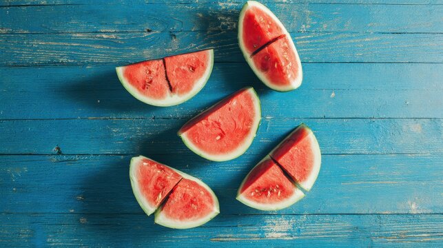 seedless. Fresh watermelon slices arranged on a rustic blue wooden surface, highlighting simple summer freshness. menu design.
