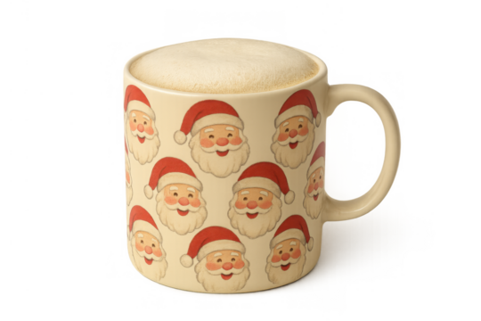 Christmas themed mug filled with frothy hot drink, featuring repeating santa claus face pattern, celebrating festive holiday season