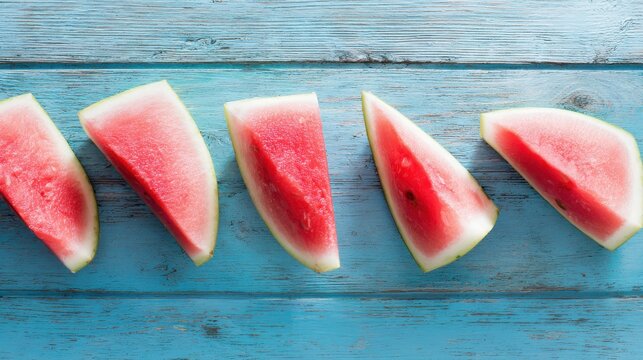 seedless. Fresh watermelon slices arranged on a rustic blue wooden surface, highlighting simple summer freshness. menu design. - Powered by Adobe