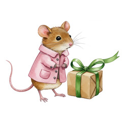 A Charming Mouse Dressed In Pink And Beside a Gift
