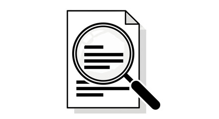 Clean black and white graphic portraying a magnifying glass actively examining text on a document, illustrating concepts of detailed inspection and data review