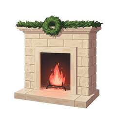 Cozy Brick Fireplace Adorned With A Festive Natural Greenery Garland And A Whimsical Fire Glowing