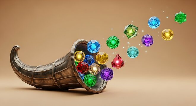 Cornucopia overflowing with colorful gems and jewels on a neutral background representing abundance and wealth