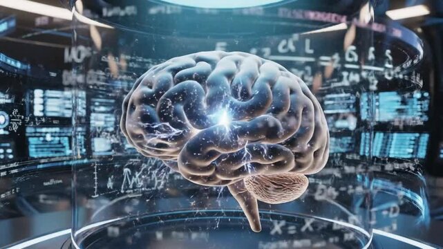A digital representation of a human brain with glowing elements, surrounded by holographic data and mathematical equations in a futuristic environment. - Powered by Adobe